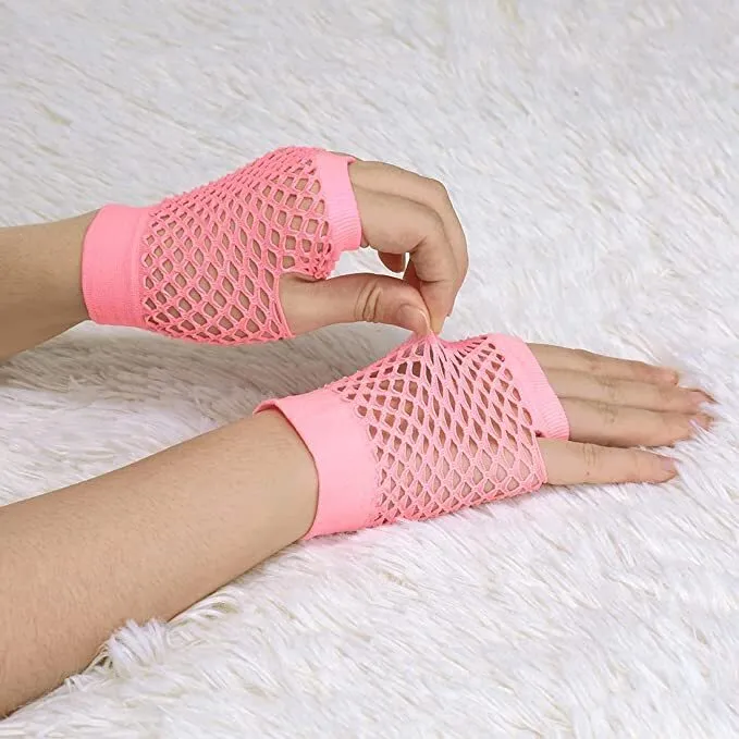 1 Pair Fishnet Gloves Fingerless Wrist Length 70s 80s Costume Party - Light Pink