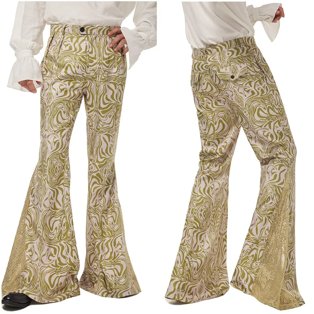 1970s Retro Vintage Disco Mid Waist Bell Bottom Super Flares Long Pants Printed Trousers Jazz Dance  Halloween Carnival Suit
