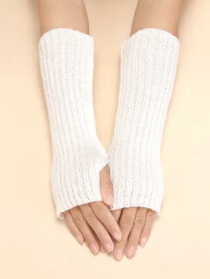 1pair Knit Stripe Fingerless Short Gloves - White