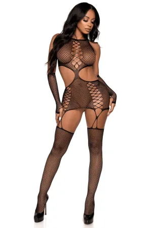 2 Piece Net Cut-Out Garter Dress W/Faux Lace-Up, Attached Stockings, Matching Gloves