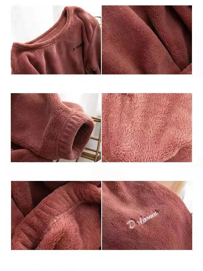 2024 Winter Pyjamas Warm Flannel Women Thick Leisure Wear Simplicit Coral Velvet Long Sleeve Solid Sleepwear Pajamas Set