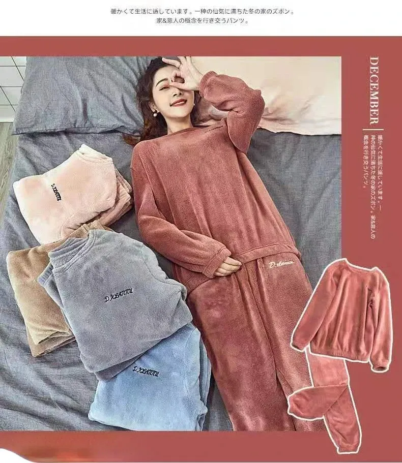 2024 Winter Pyjamas Warm Flannel Women Thick Leisure Wear Simplicit Coral Velvet Long Sleeve Solid Sleepwear Pajamas Set