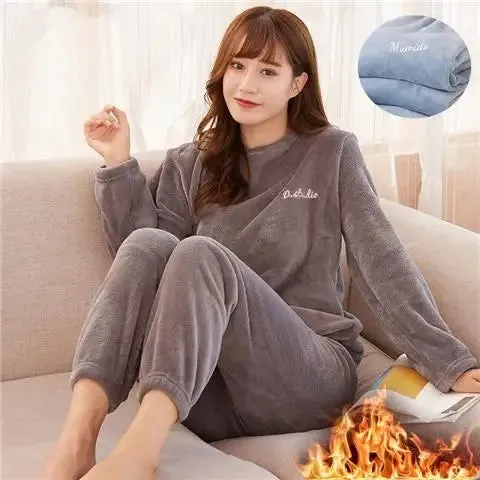2024 Winter Pyjamas Warm Flannel Women Thick Leisure Wear Simplicit Coral Velvet Long Sleeve Solid Sleepwear Pajamas Set