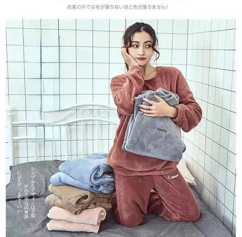 2024 Winter Pyjamas Warm Flannel Women Thick Leisure Wear Simplicit Coral Velvet Long Sleeve Solid Sleepwear Pajamas Set