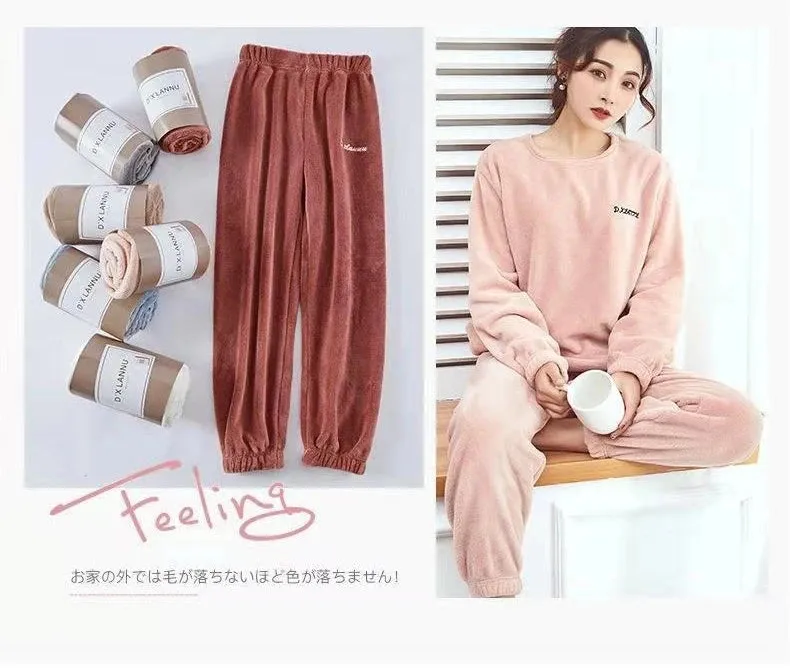 2024 Winter Pyjamas Warm Flannel Women Thick Leisure Wear Simplicit Coral Velvet Long Sleeve Solid Sleepwear Pajamas Set