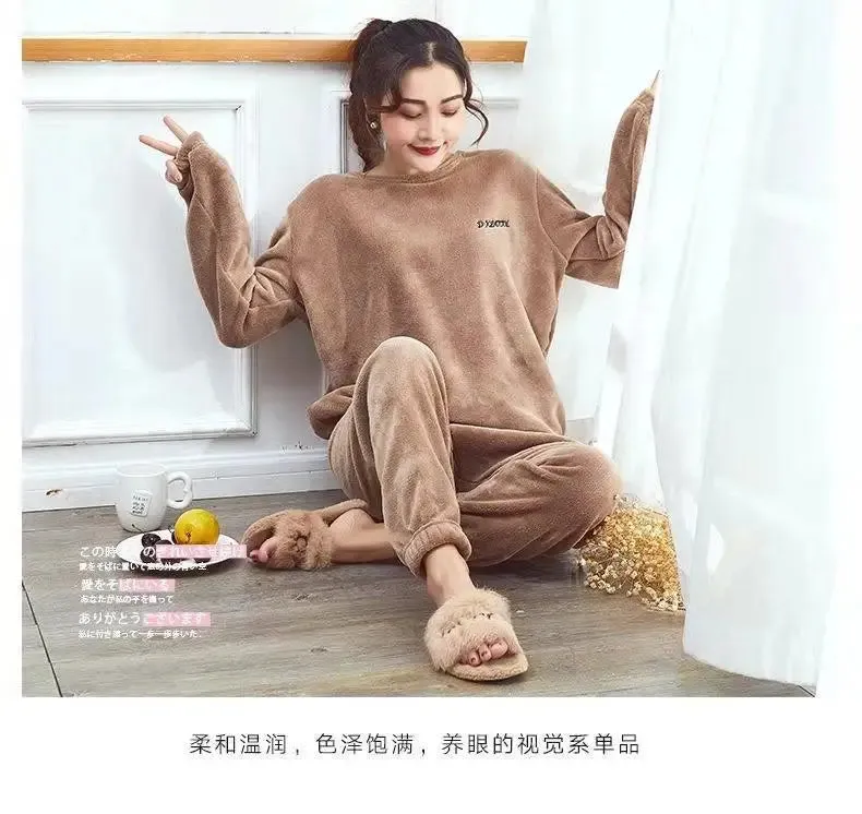 2024 Winter Pyjamas Warm Flannel Women Thick Leisure Wear Simplicit Coral Velvet Long Sleeve Solid Sleepwear Pajamas Set