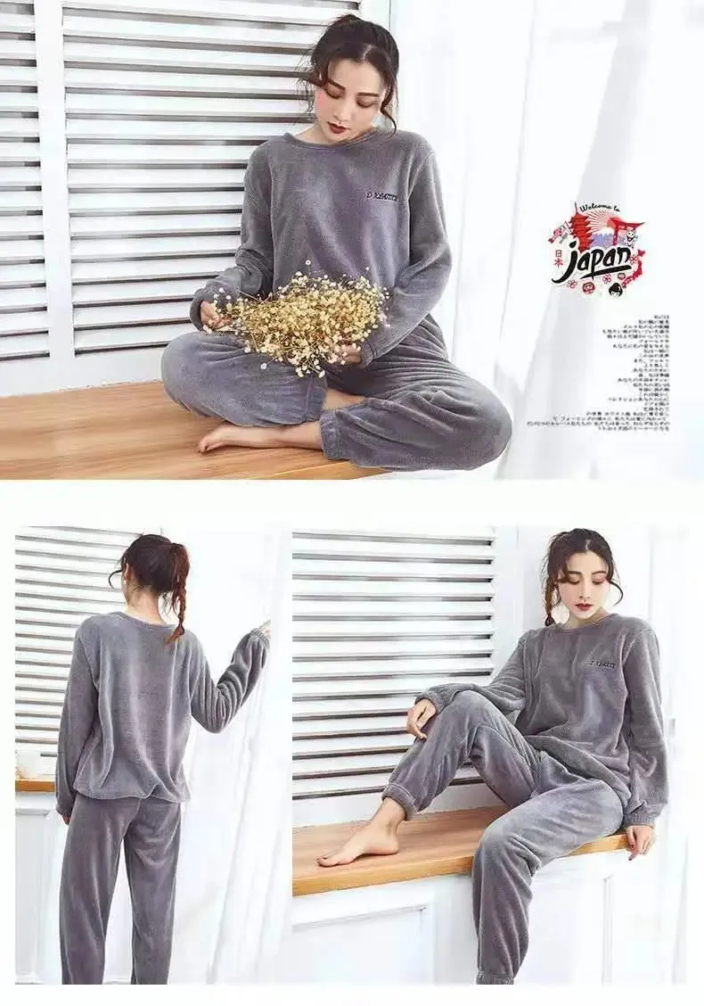 2024 Winter Pyjamas Warm Flannel Women Thick Leisure Wear Simplicit Coral Velvet Long Sleeve Solid Sleepwear Pajamas Set