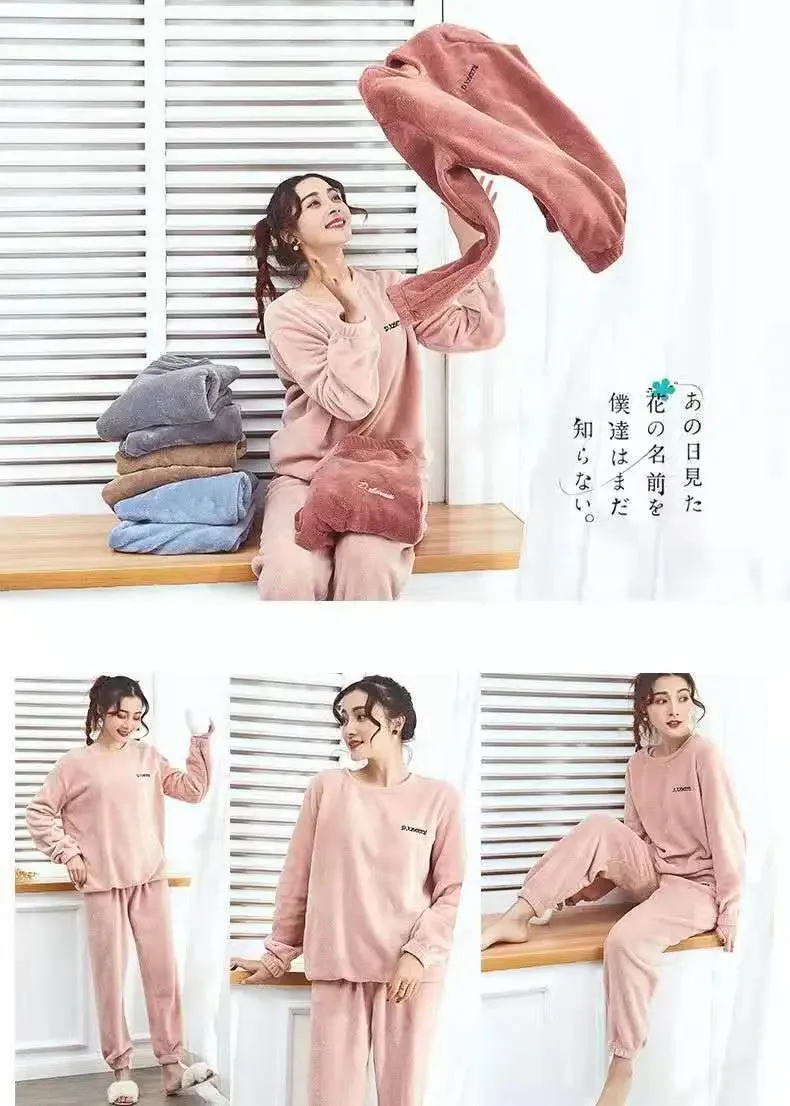 2024 Winter Pyjamas Warm Flannel Women Thick Leisure Wear Simplicit Coral Velvet Long Sleeve Solid Sleepwear Pajamas Set