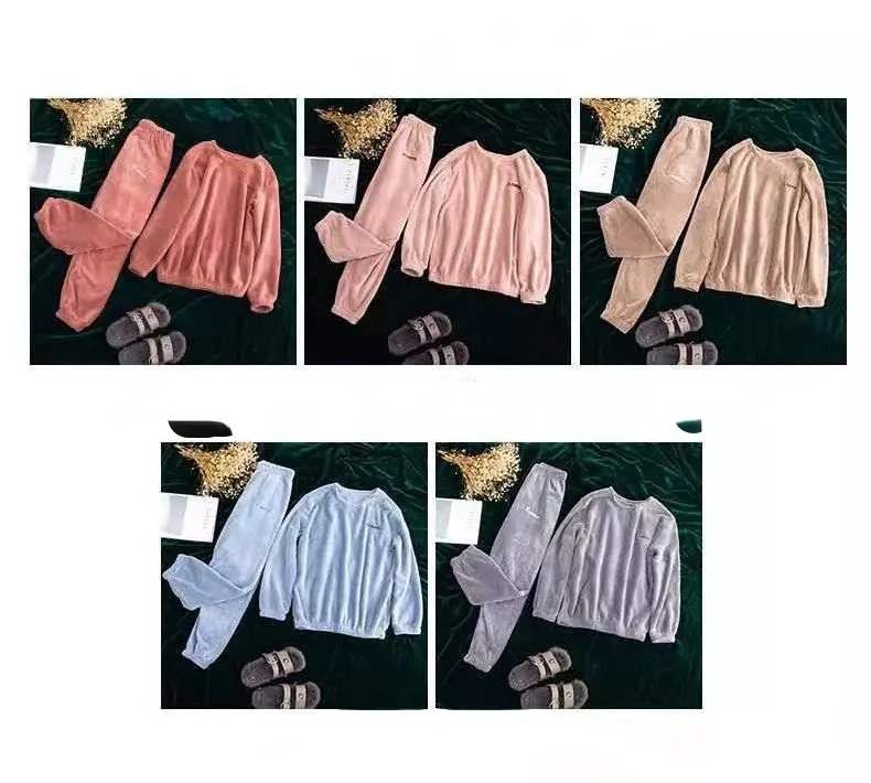 2024 Winter Pyjamas Warm Flannel Women Thick Leisure Wear Simplicit Coral Velvet Long Sleeve Solid Sleepwear Pajamas Set