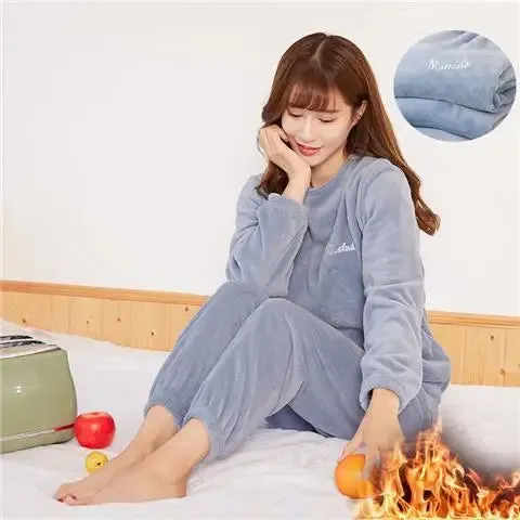 2024 Winter Pyjamas Warm Flannel Women Thick Leisure Wear Simplicit Coral Velvet Long Sleeve Solid Sleepwear Pajamas Set