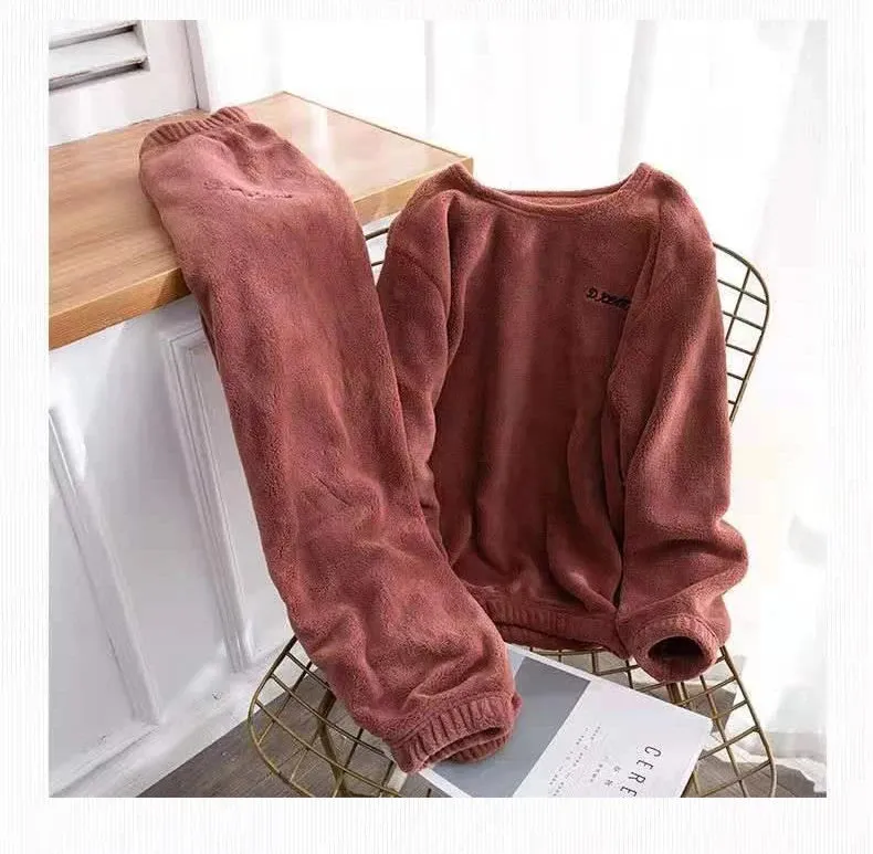 2024 Winter Pyjamas Warm Flannel Women Thick Leisure Wear Simplicit Coral Velvet Long Sleeve Solid Sleepwear Pajamas Set