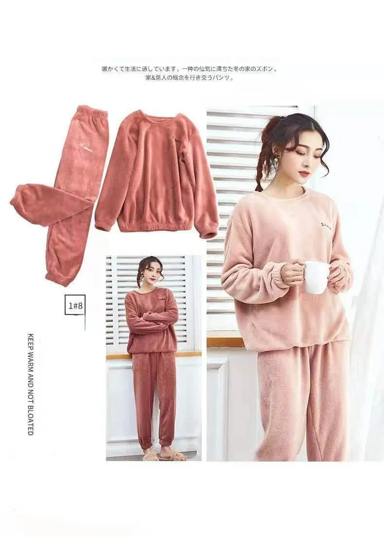 2024 Winter Pyjamas Warm Flannel Women Thick Leisure Wear Simplicit Coral Velvet Long Sleeve Solid Sleepwear Pajamas Set