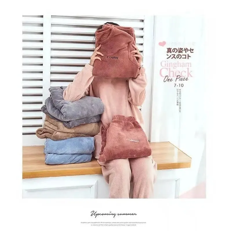 2024 Winter Pyjamas Warm Flannel Women Thick Leisure Wear Simplicit Coral Velvet Long Sleeve Solid Sleepwear Pajamas Set