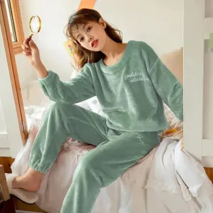2024 Winter Pyjamas Warm Flannel Women Thick Leisure Wear Simplicit Coral Velvet Long Sleeve Solid Sleepwear Pajamas Set
