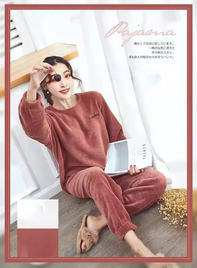 2024 Winter Pyjamas Warm Flannel Women Thick Leisure Wear Simplicit Coral Velvet Long Sleeve Solid Sleepwear Pajamas Set