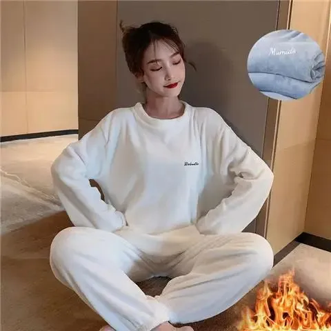 2024 Winter Pyjamas Warm Flannel Women Thick Leisure Wear Simplicit Coral Velvet Long Sleeve Solid Sleepwear Pajamas Set