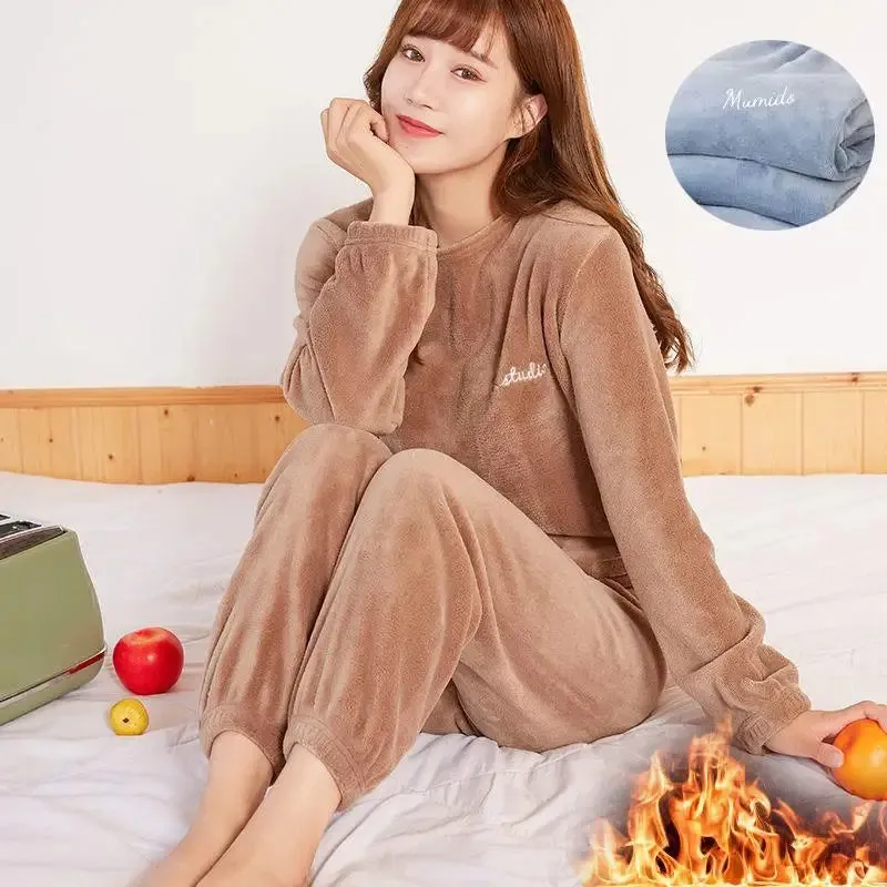2024 Winter Pyjamas Warm Flannel Women Thick Leisure Wear Simplicit Coral Velvet Long Sleeve Solid Sleepwear Pajamas Set