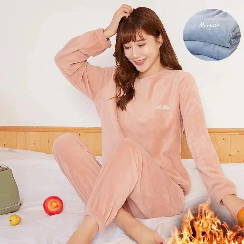 2024 Winter Pyjamas Warm Flannel Women Thick Leisure Wear Simplicit Coral Velvet Long Sleeve Solid Sleepwear Pajamas Set