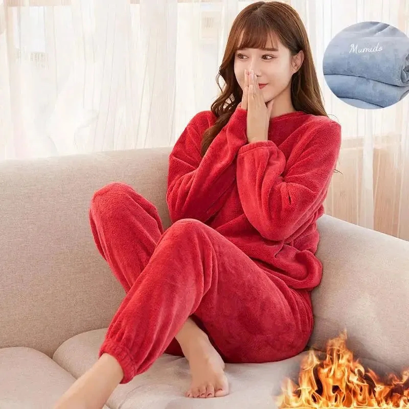 2024 Winter Pyjamas Warm Flannel Women Thick Leisure Wear Simplicit Coral Velvet Long Sleeve Solid Sleepwear Pajamas Set