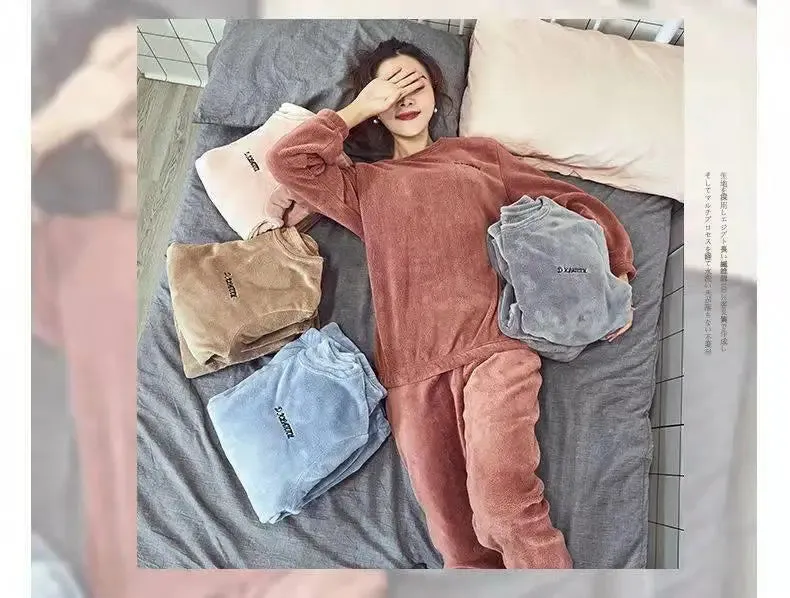2024 Winter Pyjamas Warm Flannel Women Thick Leisure Wear Simplicit Coral Velvet Long Sleeve Solid Sleepwear Pajamas Set