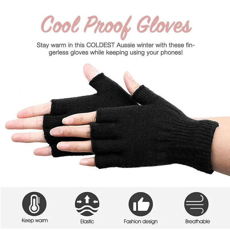 2Pairs Winter Fingerless Gloves Open Finger Black Soft Warm Knitted Glove Unisex Au