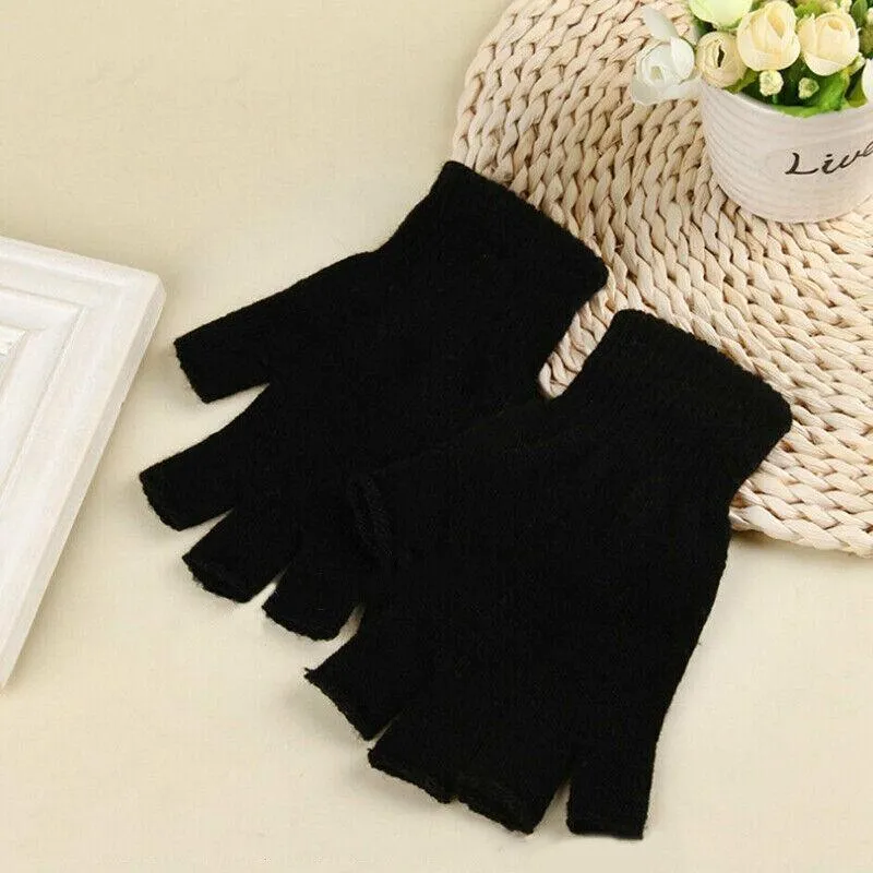 2Pairs Winter Fingerless Gloves Open Finger Black Soft Warm Knitted Glove Unisex Au