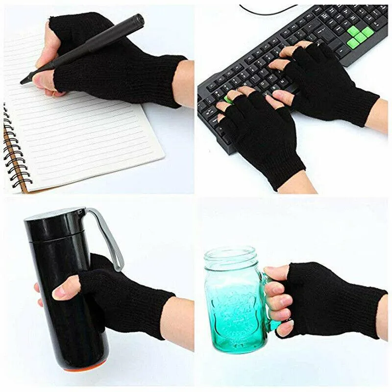 2Pairs Winter Fingerless Gloves Open Finger Black Soft Warm Knitted Glove Unisex Au