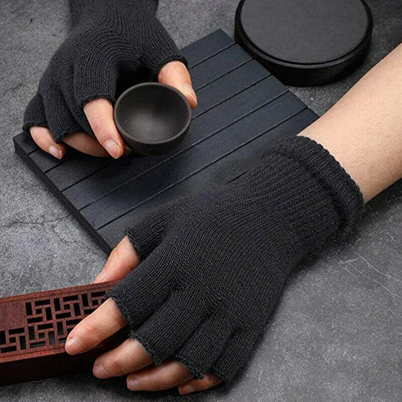2Pairs Winter Fingerless Gloves Open Finger Black Soft Warm Knitted Glove Unisex Au