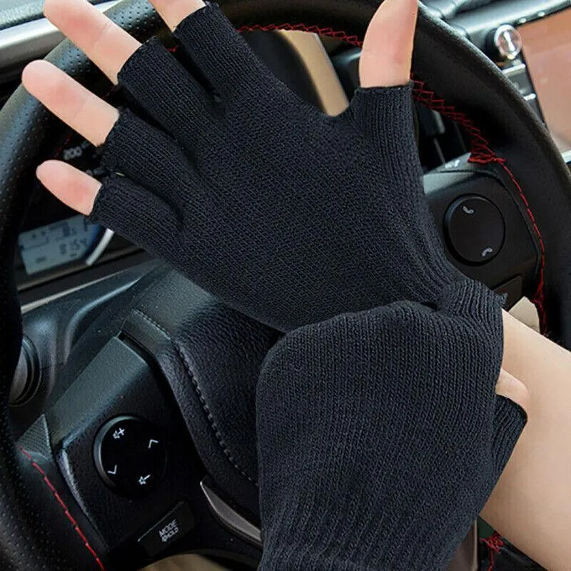 2Pairs Winter Fingerless Gloves Open Finger Black Soft Warm Knitted Glove Unisex Au