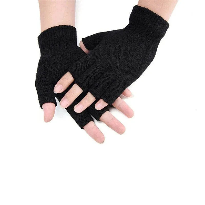 2Pairs Winter Fingerless Gloves Open Finger Black Soft Warm Knitted Glove Unisex Au