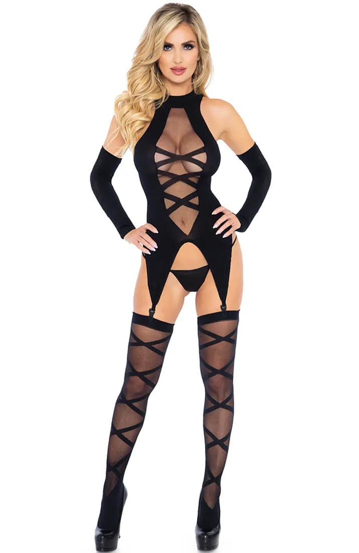 3 Pc opaque x sheer faux lace-up set - Oh Snap!