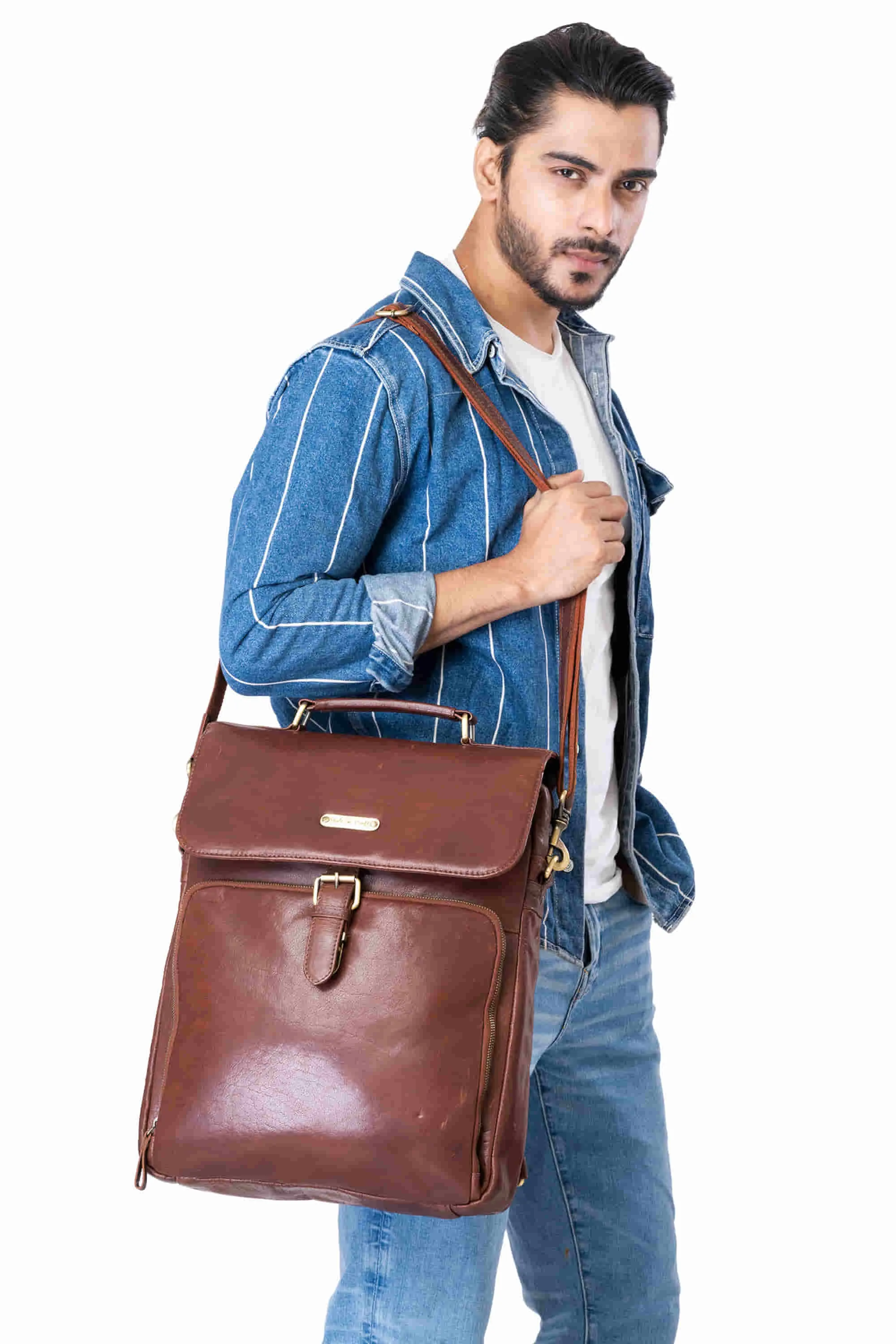 392600 Cross Body Messenger & Backpack in Full Grain Dark Brown Vintage Leather | Style n Craft