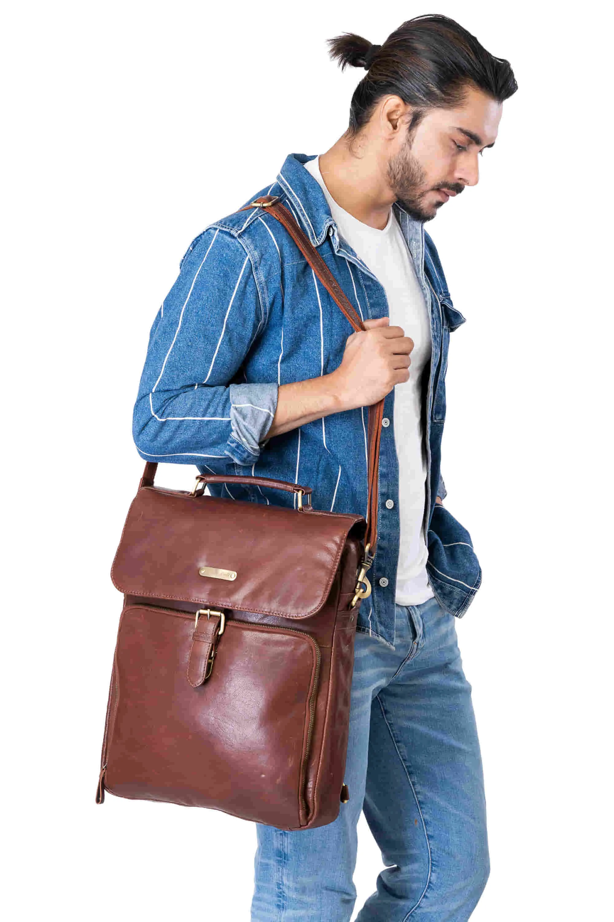 392600 Cross Body Messenger & Backpack in Full Grain Dark Brown Vintage Leather | Style n Craft