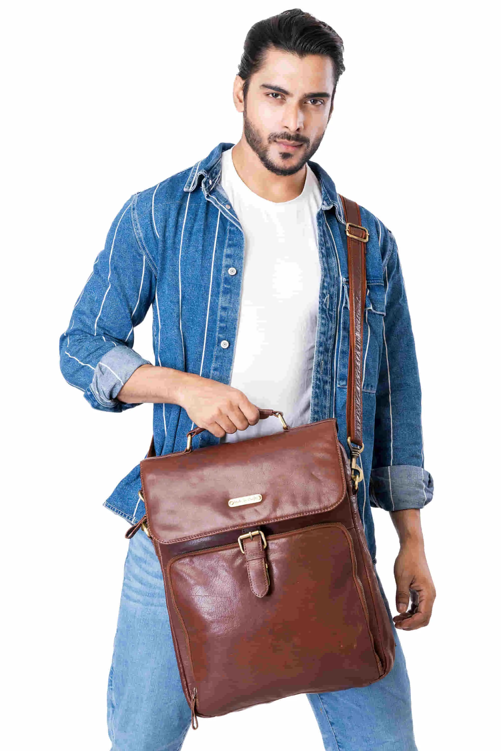 392600 Cross Body Messenger & Backpack in Full Grain Dark Brown Vintage Leather | Style n Craft