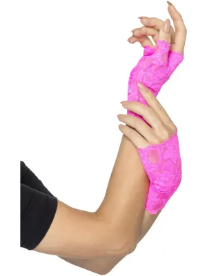 80s Fingerless Lace Gloves, Neon Pink  Wholesale