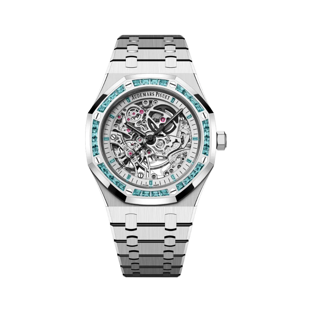 A&P Luxury Watches Royal Oak Double Balance Wheel 15412BC.TO.1220BC.01 Openworked White Gold Swiss Topaz Bezel