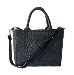 All Black Small Woven Crossbody Bag - Black Leather