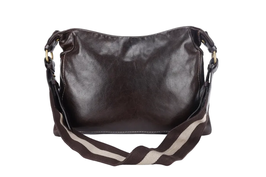 BALLY DARK BROWN CALF LEATHER MESSENGER BAG WHITE BROWN STRAPS NO DUST COVER
