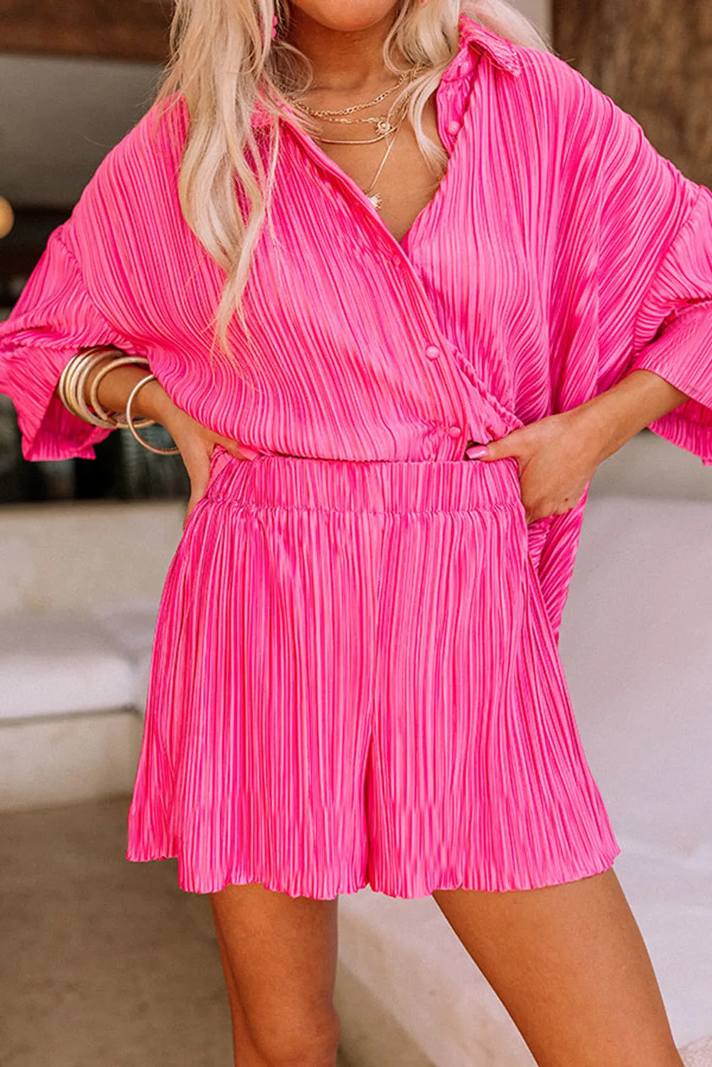 Barbie Style  Rose 3/4 Sleeves Pleated Shirt and High Waist Shorts Lounge Set