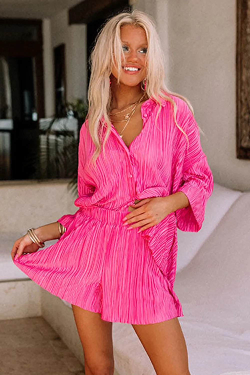 Barbie Style  Rose 3/4 Sleeves Pleated Shirt and High Waist Shorts Lounge Set