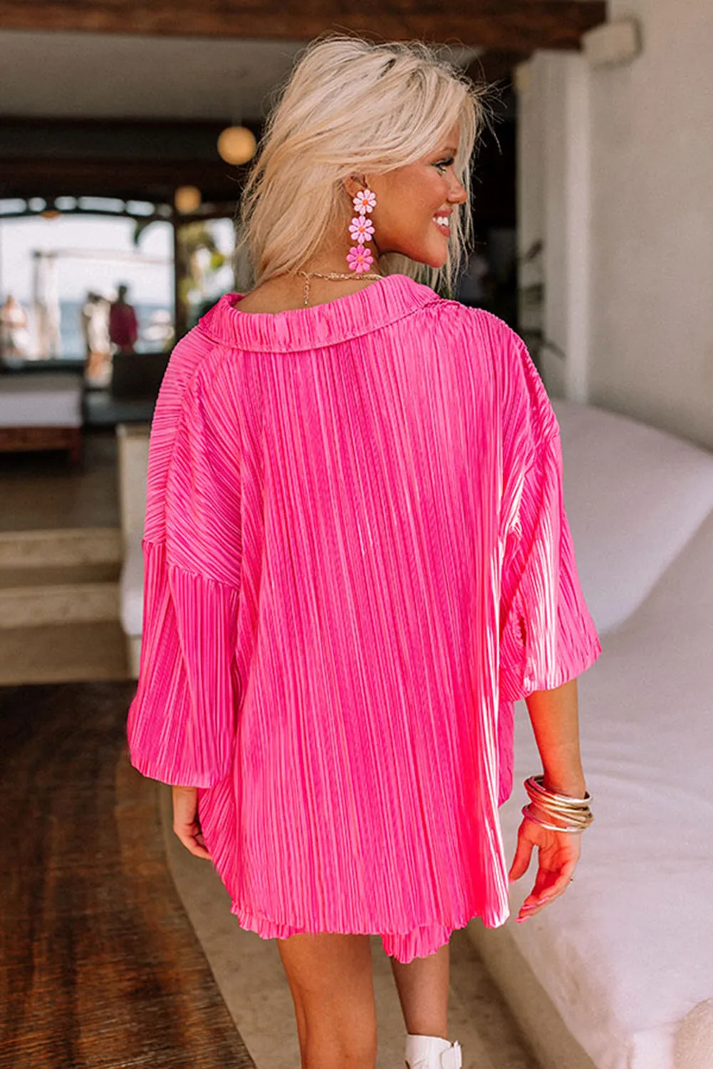 Barbie Style  Rose 3/4 Sleeves Pleated Shirt and High Waist Shorts Lounge Set