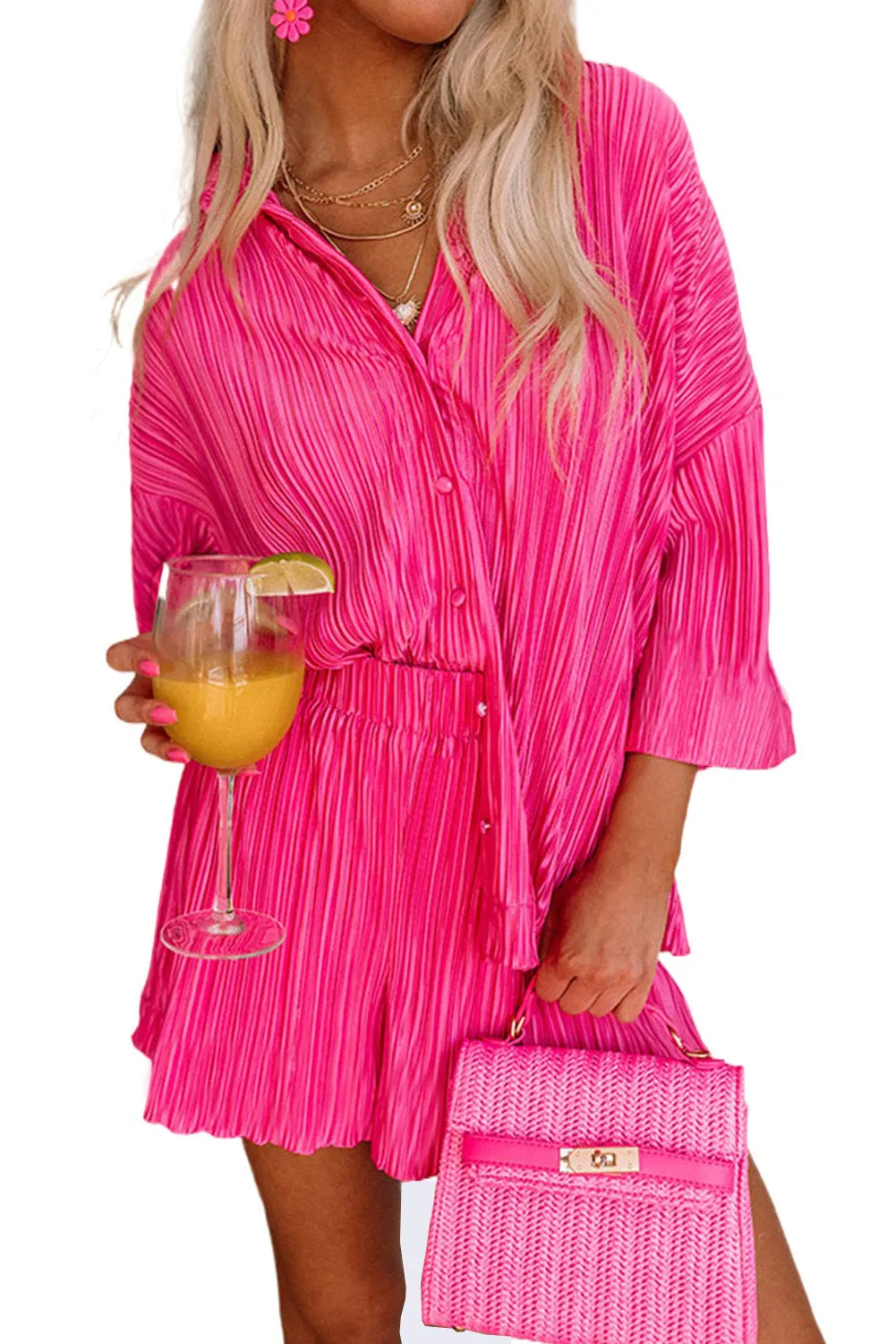 Barbie Style  Rose 3/4 Sleeves Pleated Shirt and High Waist Shorts Lounge Set