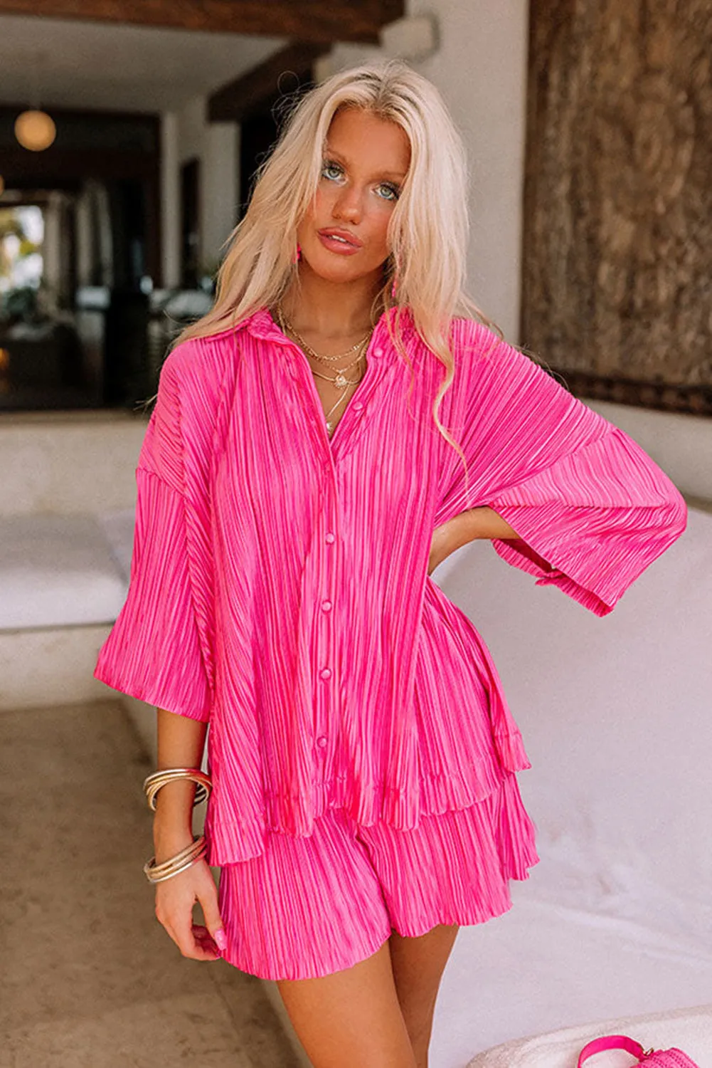 Barbie Style  Rose 3/4 Sleeves Pleated Shirt and High Waist Shorts Lounge Set