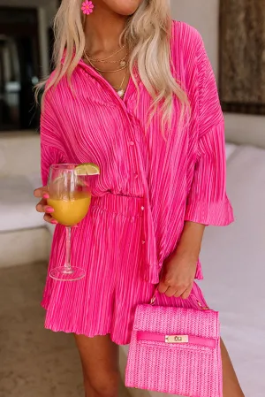 Barbie Style  Rose 3/4 Sleeves Pleated Shirt and High Waist Shorts Lounge Set