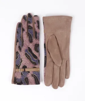 Beige Animal Printed Faux Suede Gloves