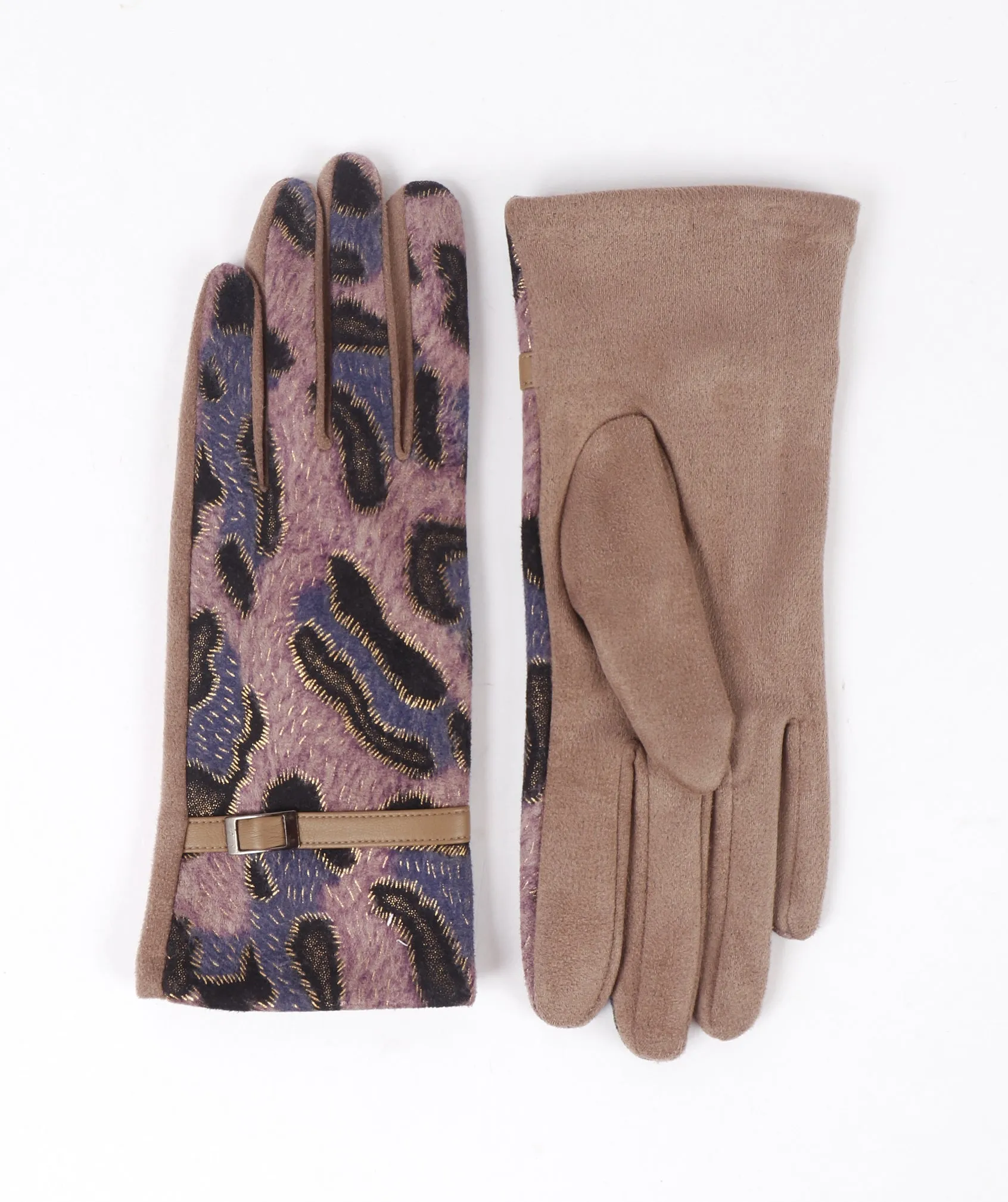 Beige Animal Printed Faux Suede Gloves