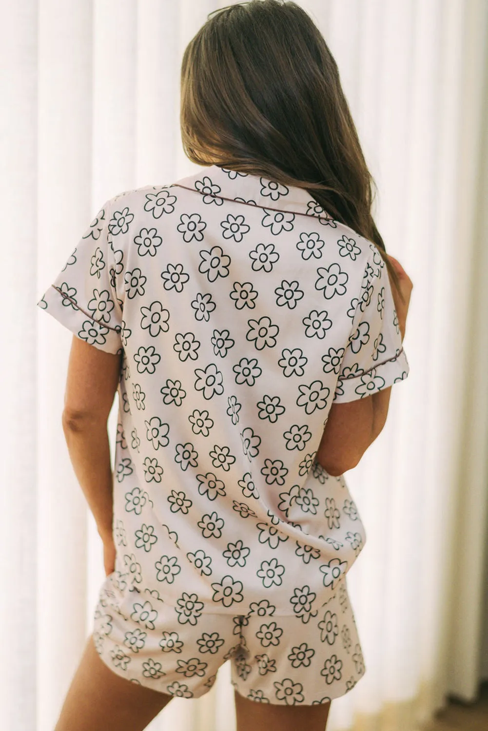 Beige Floret Printed Pajama Shorts Set