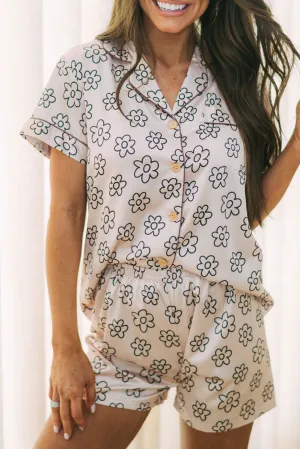 Beige Floret Printed Pajama Shorts Set