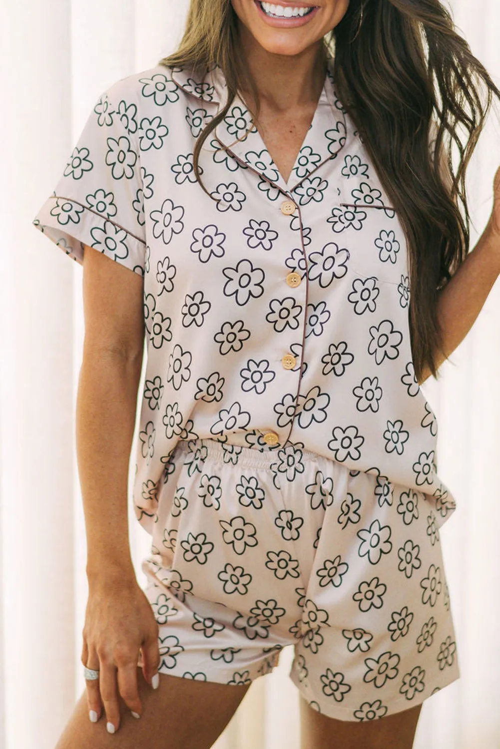Beige Floret Printed Pajama Shorts Set