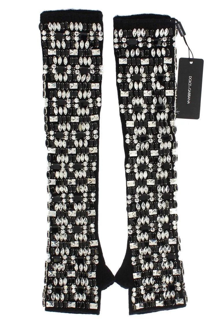Black Cashmere Crystal Finger Less Gloves